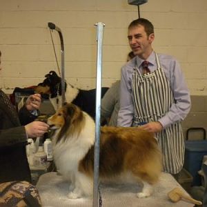 Annie  getting spiffed up by Pete and his assistant